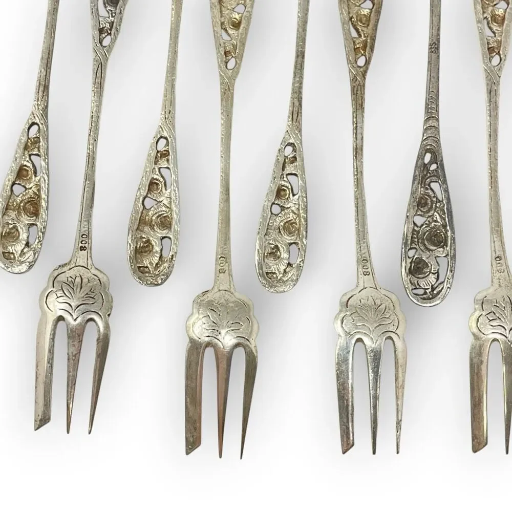 Silver 800 835 Dessert Pastry Mini Forks Fork Lot of 12 Floral Ornate Rose 5.5”